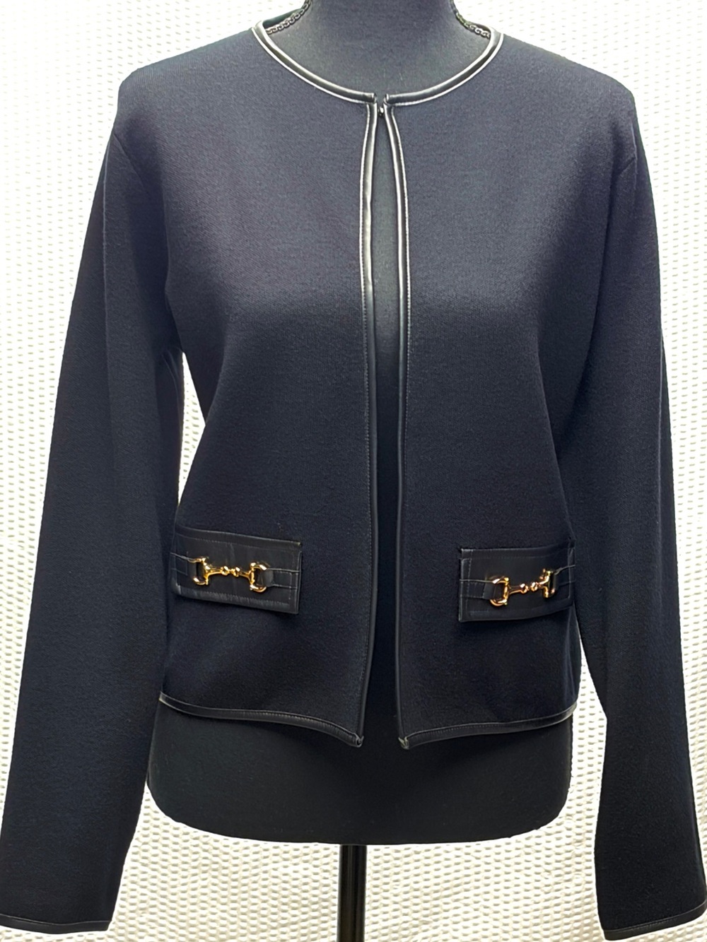 Sioni Faux Leather Trim Cardigan Jacket Black Gold Horsebit Women’s XL